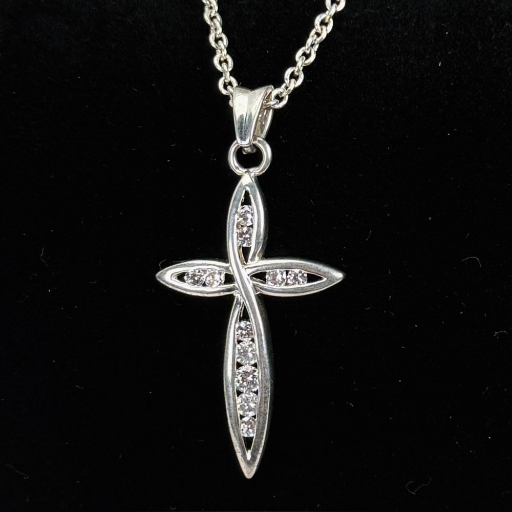 Beautiful silvertone, clear bling CZ others cross pendant costume necklace